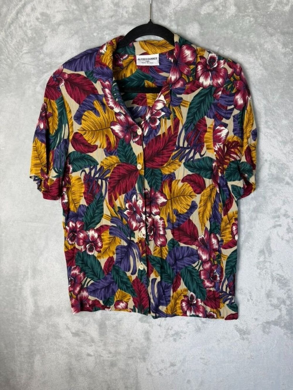 ALFRED DUNNER Womens 10 Vintage Tropical Floral Button Shirt USA Plisse Pleated